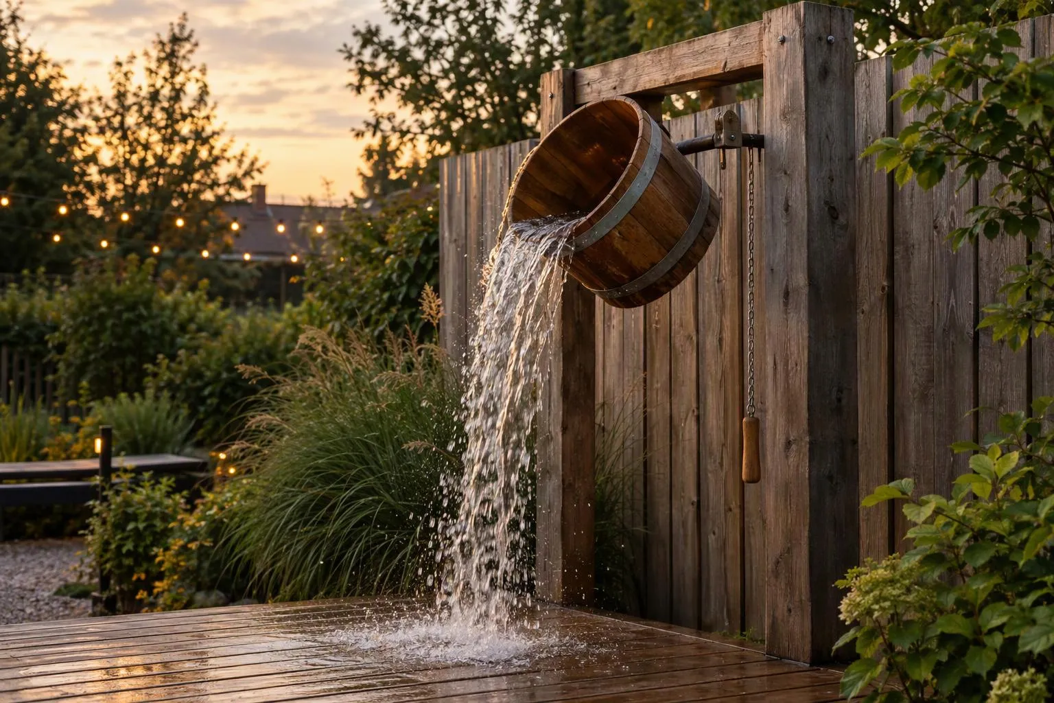 Een houten kantelemmer aan de schutting die koud water uitgiet