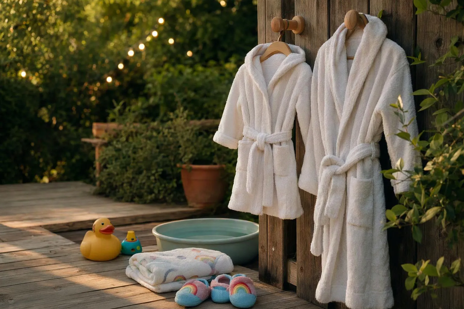 Een kinderbadjas naast een badjas voor volwassenen, kinderslippers en een badeendje