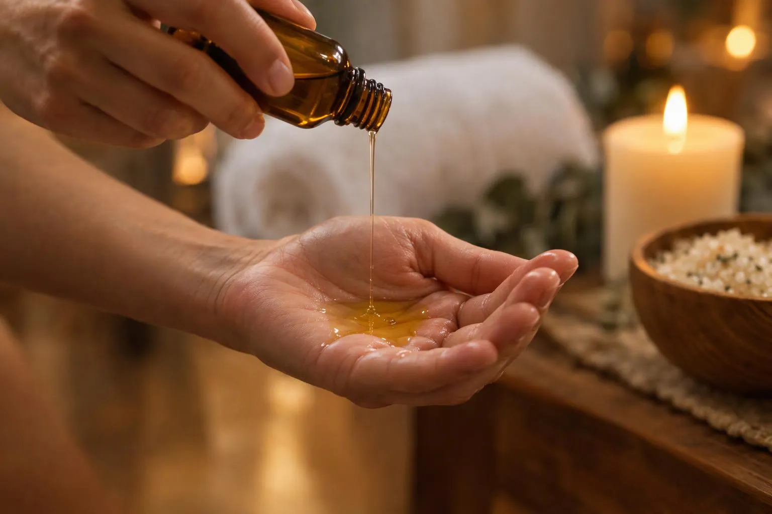 Massageolie die in een handpalm wordt gegoten, met kaarslicht op de achtergrond